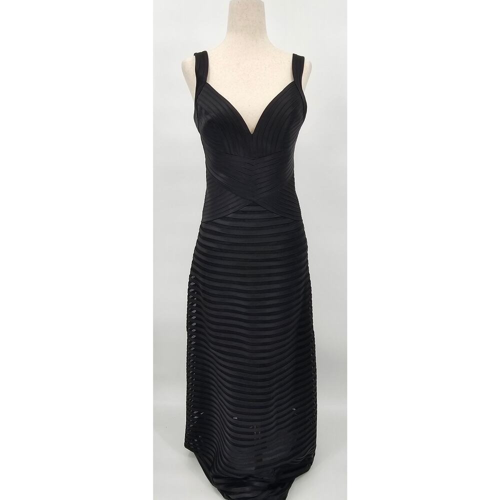 BCBGMAXAZRIA Women's Size 6 Black Banded Satin Maxi Dress w/Mesh Panels